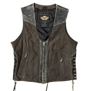 Harley Davidson Womens Leather Vest Riding Brown Lace Up Zip Up Size Medium